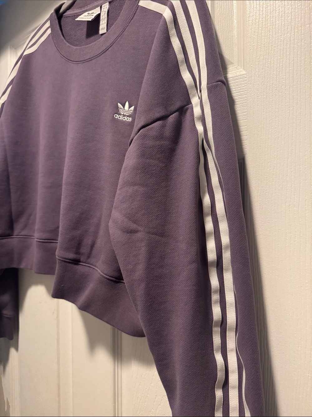 adidas Purple Cropped Crew Sweatshirt with White Stripes - Picture 4 of 5